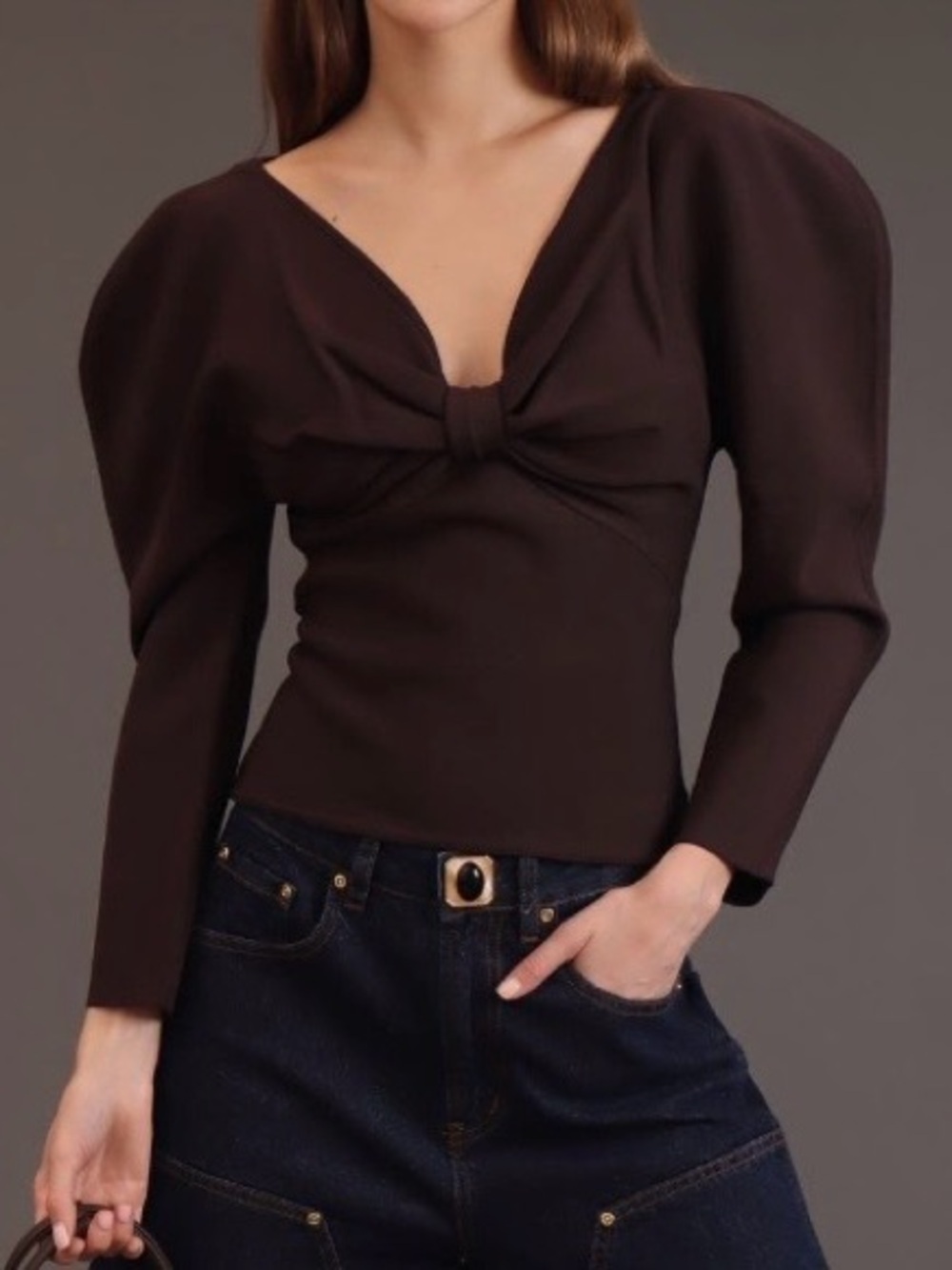 Avec Les Filles Chocolate Brown Puff-Sleeve Knot Front Top